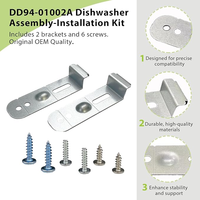 【Upgraded】DD94-01002A Dishwasher Assembly-Install Kit Fits for Samsung Dishwashers Mounting Bracket Replaces AP4450818 2077601 PS4222710 EAP4222710, includes 2 x Mounting Brackets, 6 x Mounting Screws