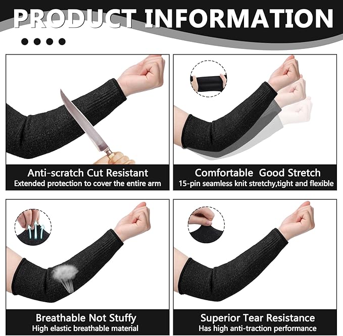 Sintege 3 Pairs Arm Protectors for Thin Skin and Bruising Cut Resistant Forearm Sleeve Level 5 Arm Burn Protection Sleeve(12.6 Inch,Black)