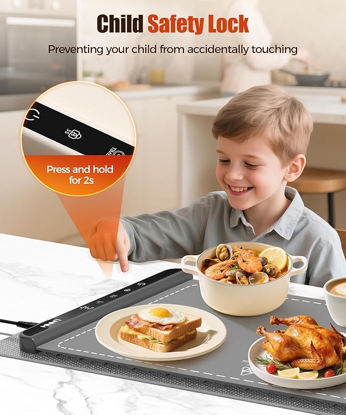 Extra Large Food Warming Mat with Heat-Resistant Pad, 36X15 Inch, 6 Temperature & 6 Timer Settings, Child Lock Safety,Food Warmer Chafing Dishes Fits for Family Dinners and Parties