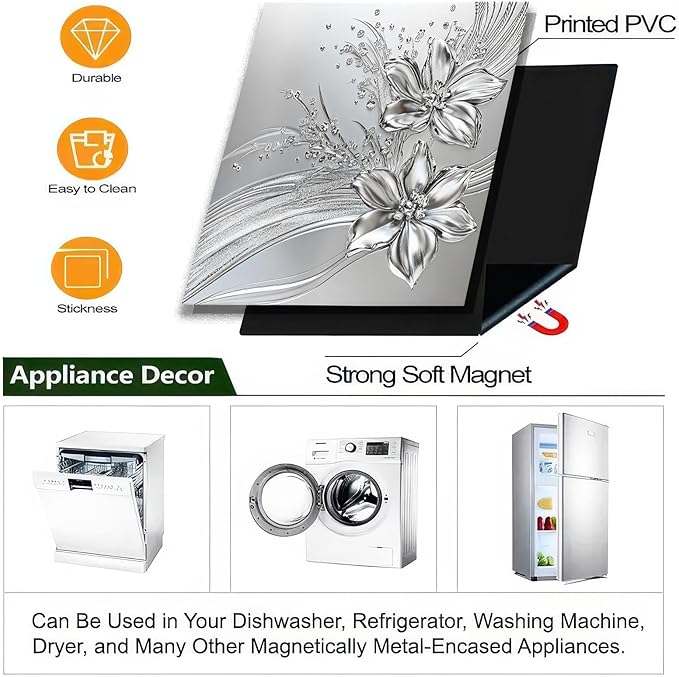 Flowers Dishwasher Magnet Cover 23x26 Inch Silver Floral Refrigerator Sticker Washer Kitchen Decor Floral Magnets Kitchen Decorative Sticker Refrigerator Magnets Decor Appliance Panel