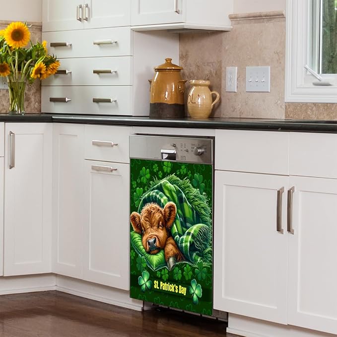 St Patrick Green Highland Cow Dishwasher Magnet Cover Magnetic Dishwasher Decorative Cover Front Dishwasher Door Covers Reuseable Dishwasher Covers Decal for Kitchen Home Decorative