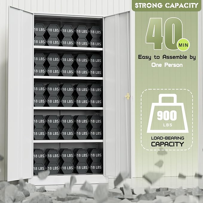 Oakmont Metal Storage Cabinet for Tool Organization, 72" Lockable Garage Storage Cabinets with 2 Doors and 4 Adjustable Shelves, Locking File Cabinet for Office, Home, School (72“ Wide-White)