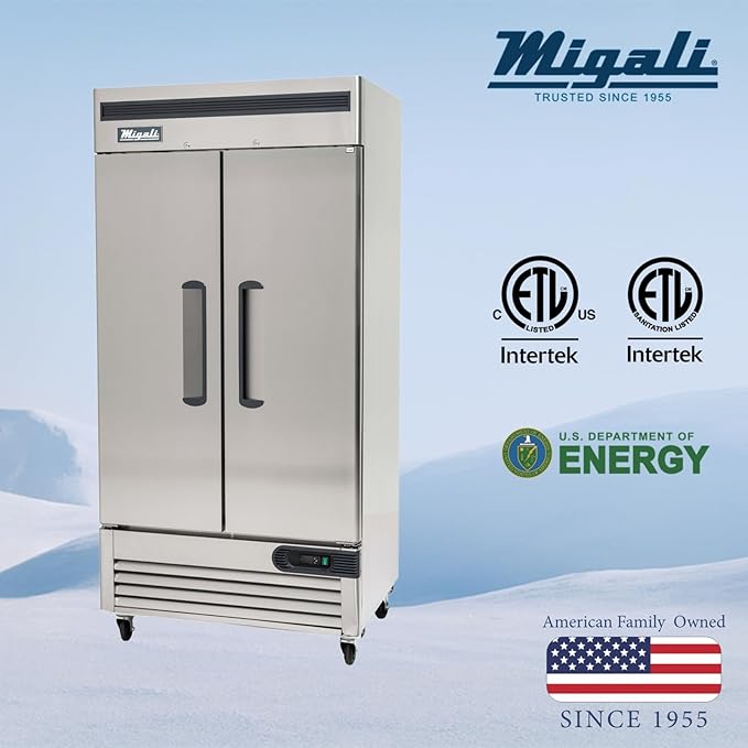 Migali C-2FB-35-HC Two Door Reach-In Freezer, 35 cu/ft Space Saving, Stainless Steel Interior and Exterior, Auto Defrost, Door Locks
