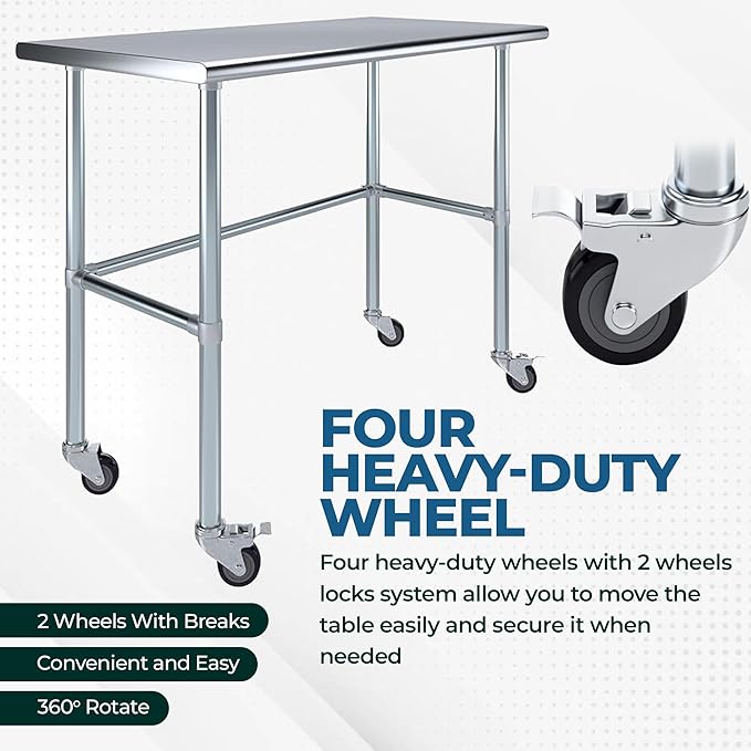 Stainless Steel Work Table Open Base & Wheels | Work Station | Metal Work Bench (Stainless Steel Work Table Open Base + Casters) (60" Long x 24" Deep)