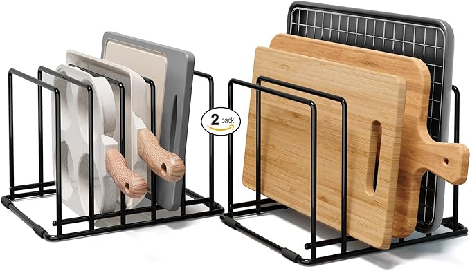 2-Pack Baking Sheet Organizer Rack – 5-Slot Bakeware & Cookie Tray Holder for Kitchen Cabinet or Countertop, Stainless Steel Cutting Board Rack with Rust-Resistant Frame & Anti-Slip Feet