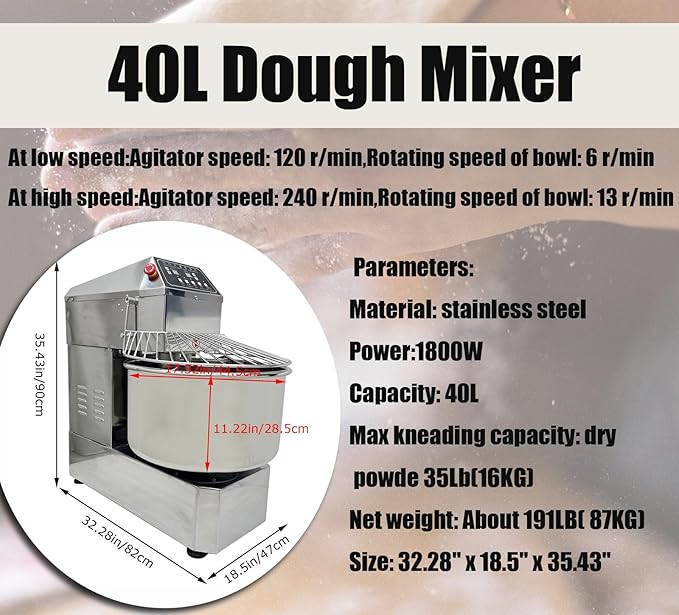 40QT Commercial Stand Dough Mixer Double Action Fast and Slow Speed Spiral Electric Flour Mixing Machine for Professional Bread Making Kneading Machine with Speed Time Control 40L 1800W