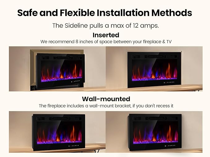 Electric Fireplace Insert 30" Realsmart 1500W Wall Mounted Fireplaces Recessed Heaters,Fit for 2 X 6 stub, Remote Control Slim Black Fireplace Touch Screen Timer 12 Flame Colors LED Decor Low Noise