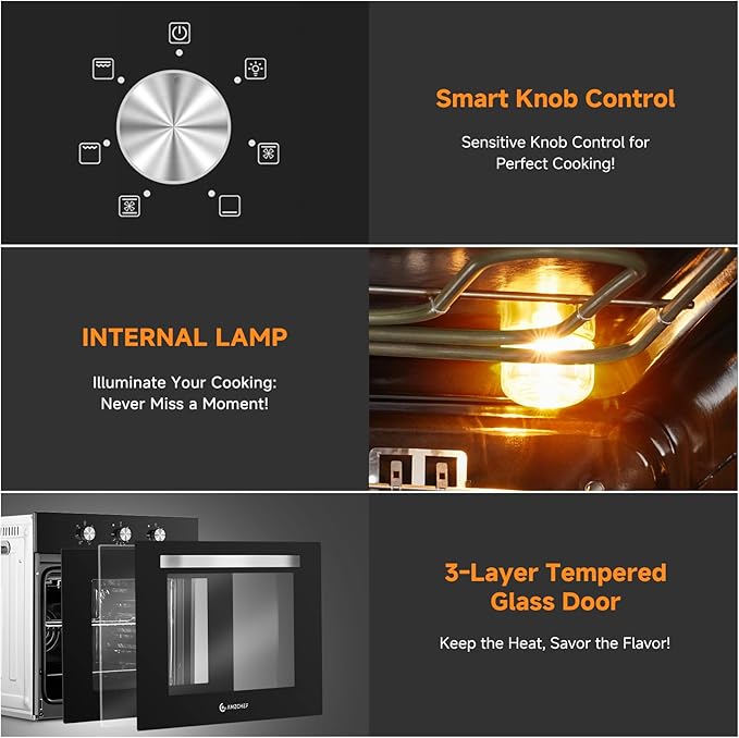 AMZCHEF Wall Ovens 24 inch Electric: 2800w Single Wall Oven with 6 Cooking Modes, 2.72 Cu.Ft. Electric Wall Oven, Convection Oven with Mechanical Knobs Control, Black