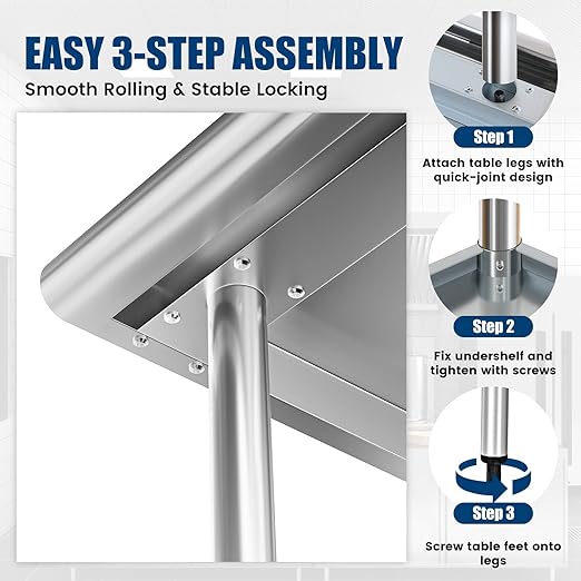Stainless Steel Work Table 24 x 30 Inch with Adjustable Undershelf, Heavy-Duty Metal Prep Table for Commercial Kitchen & Restaurant, Garage, Outdoor
