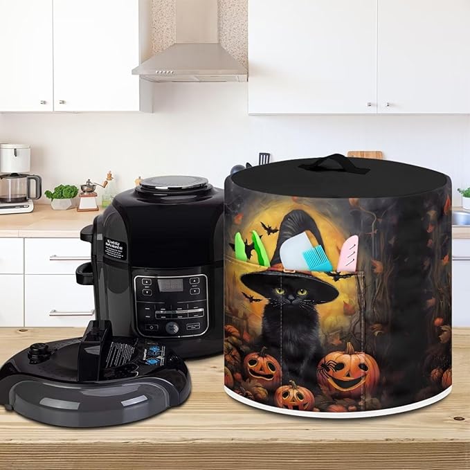 Pressure Cooker Cover for 3 Quart Air Fryer Accessories, Stain Resistant Electric Appliance Cover with Pockets for Halloween Decoration, Black Cat Witch Pumpkin