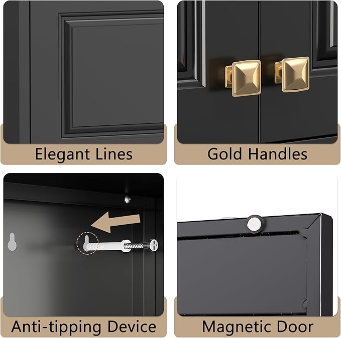 32" Metal Wall Cabinet 2 Doors,Black Hanging Cabinets with Handle,Bathroom Cabinet,Storage Cabinet 16" D x 32" W x 15" H