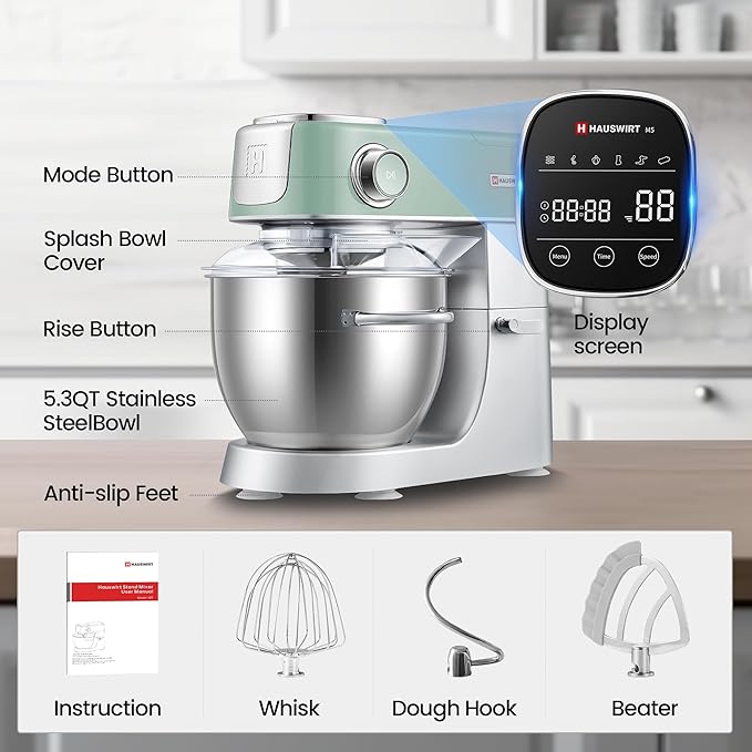 Hauswirt High-End Smart Stand Mixer M5, LED Touchscreen Mixers Kitchen Electric Stand Mixer, 5 Preset Menus, 5.3Qt Dough Mixer, 11speeds Kitchen Mixer with Egg Whisk, Dough Hook, Beater, lake green