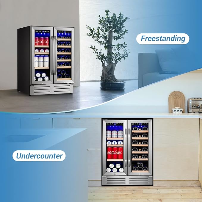 Wine and Beverage Refrigerator, 24 Inch Dual Zone Wine Beverage Cooler Under Counter with Glass Door&Lock, 18 Bottles and 68 Cans Large Capacity for Beer Soda Drink, Built-In or Freestanding Fridge