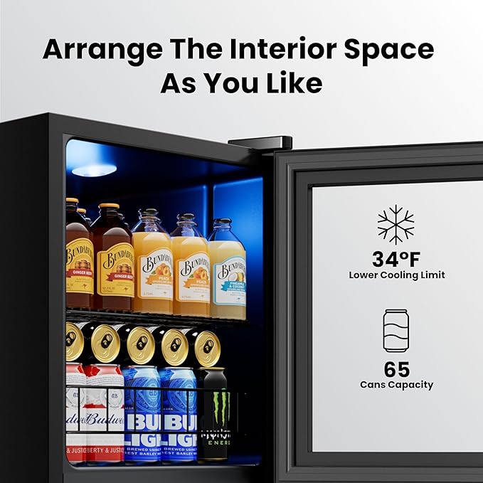 Yeego Beverage Refrigerator Cooler, 65 Cans Drink Mini Fridge with Glass Door for Soda, Beer or Wine, Beverage Cooler with Digital Temperature Control from 34°F to 54°F for Home, Office or Bar (Black)