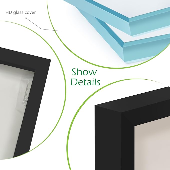 FrameWorks 8” x 10” Black Wooden Shadow Box Frame – Display Case with Soft Felt Back, Memory Box with Tempered Glass, Display Box with Elegant White Ball Push Pins, Wooden Flower Box