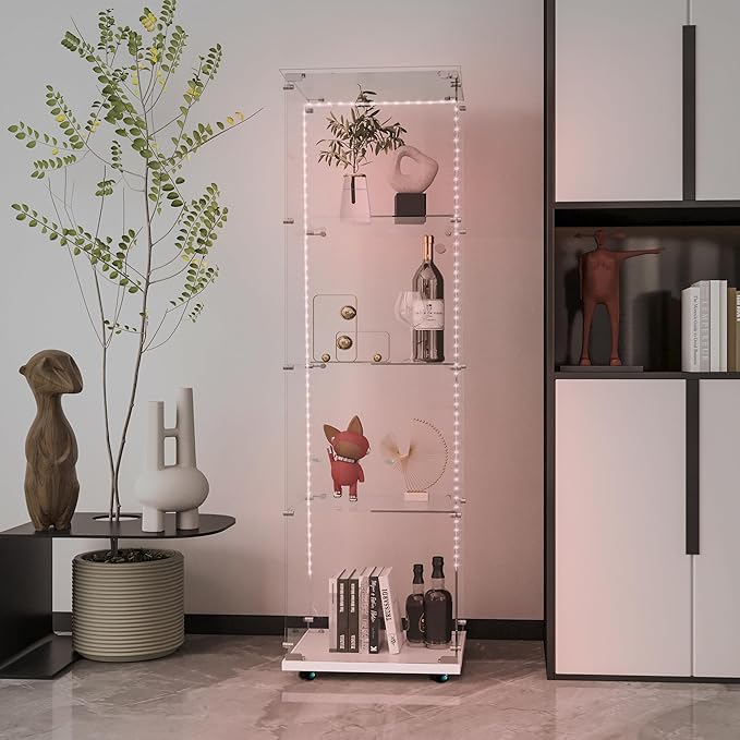 Yoluckea 4 Tiers Glass Display Cabinet with Bluetooth LED Light Strip, 1 Door Floor Standing Curio Cabinet with Universal Wheel for Home Office Display, White Glass Bookshelf for Collections,Clear Top
