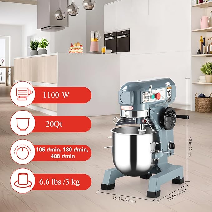 Towallmark Commercial Food Mixer 20Qt with Timing Function, 1100W 3 Speeds Adjustable, Stainless Steel Bowl Stand Mixer With Safety Guard, Premium for Schools Bakeries Restaurants Pizzerias