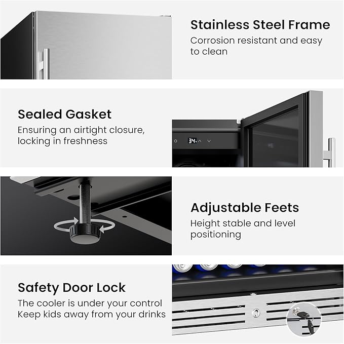 Yeego 24 Inch Beverage Refrigerator, 160-Can Beverage Cooler with Lock & Auto Defrost, Stainless Steel Indoor & Covered Outdoor Beverage Fridge, Freestanding or Under Counter for Beer, Soda & Wine