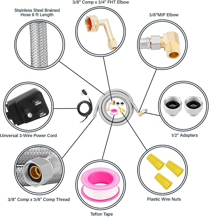 Solimeta Universal Dishwasher Installation Kit with 6 ft Stainless Steel Hose and Power Cord