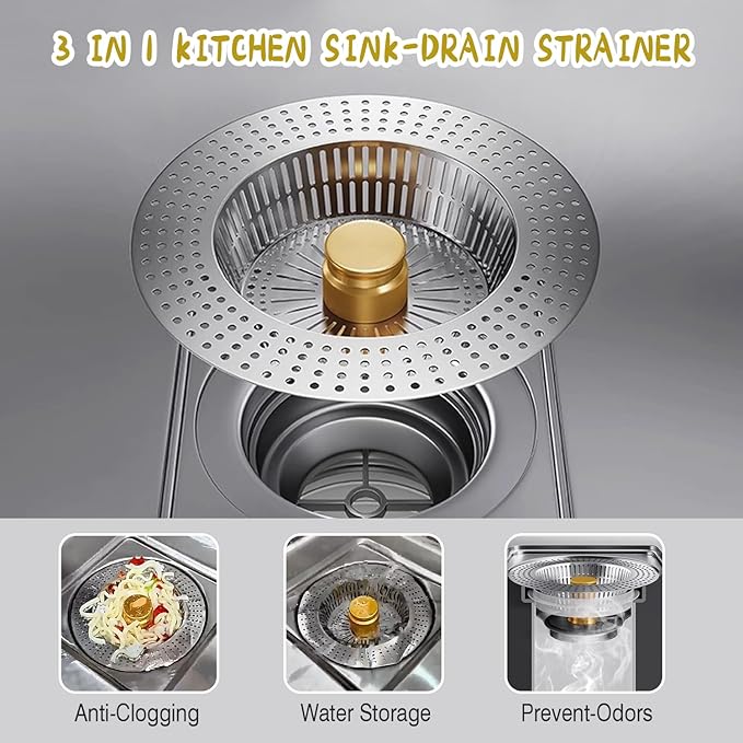 Kitchen Sink Drain Strainer Stainless Steel,Sink Food Catcher Press - Activated, Kitchen Sink Stopper and Drain Stop,Drain Cover Plug Filter Kitchen Sink,Sink Strainer Basket,Gold Kitchen Accessories