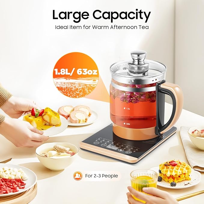 800W Electric Kettle, 1.8L Multifunctional Health Pot Electric Glass Kettle Tea Maker with Tea Infuser & & Steamed Eggs Holder, 18 Menus, Keep Warm Function, Rapid Boil
