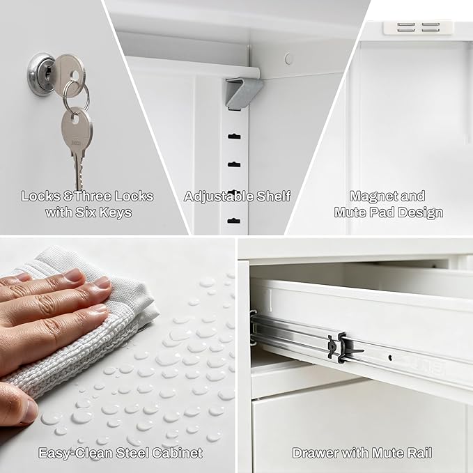 CJF Metal Storage Cabinet, Locking Storage Cabinet with Doors and 1 Drawer, 36" H x 28" W x 16" D Metal Cabinets for Office/Home/Garage -White