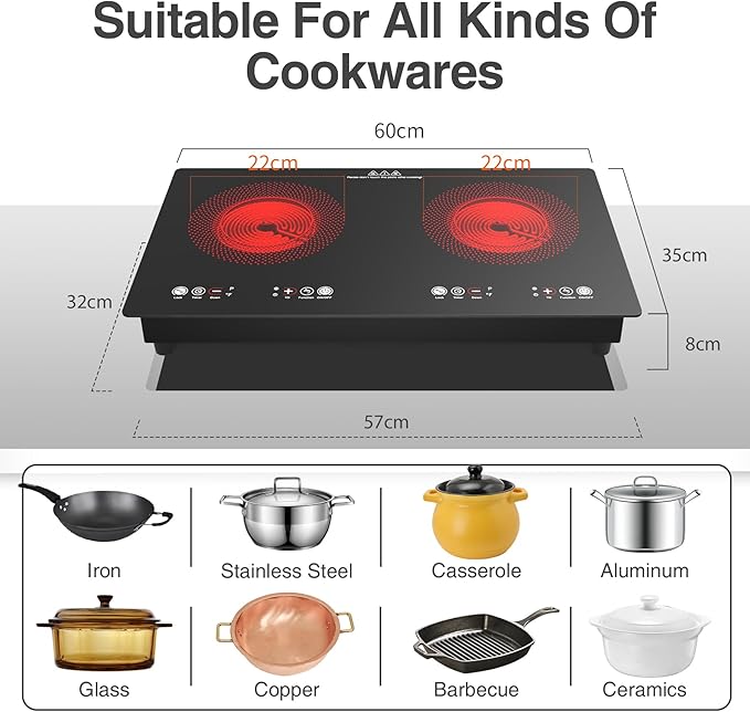 VBGK Electric cooktop,110V 24 inch 2 Burner Electric Cooktop,Built-in and Countertop Stove Top,2200W Stove,9 Power Levels, Kids Lock & Timer,LED touch control,Overheat Protection