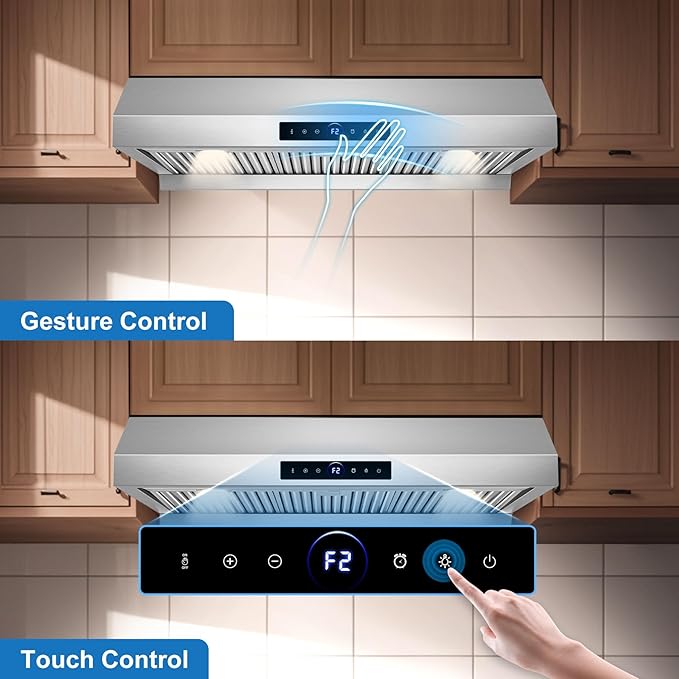 36 inch Under Cabinet Range Hood 1200 CFM with 4-Speed Gesture Sensing & Touch Control, Stainless Steel Kitchen Stove Vent Hoods with 2 LED Lights, Time Setting, Dishwasher-Safe Baffle Filters