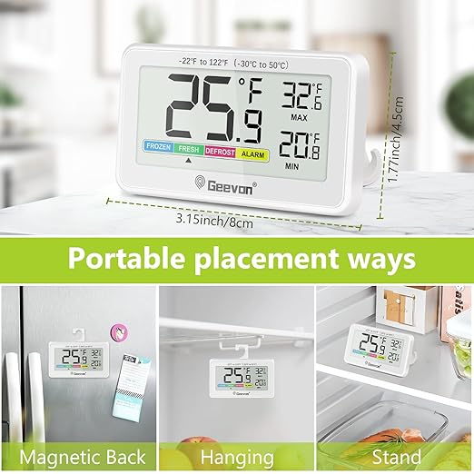 Geevon Digital Refrigerator Thermometer,IP65 Waterproof Fridge and Freeze Thermometer with Magnetic Back Large LCD,Max/Min Record Function for Home,Commercial (White-1Pack)