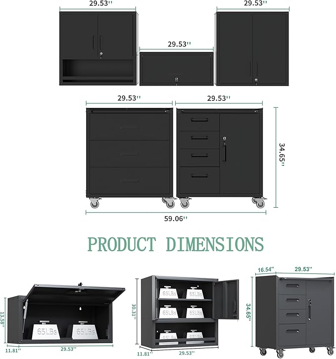 Metal Tool Cabinet,Garage Storage Cabinet System,Wall Cabinet & Locking Rolling Tool Cabinet with Doors and Adjustable Shelves,Steel Tool Cabinets for Home (5 Pcs-StyleC, Black)