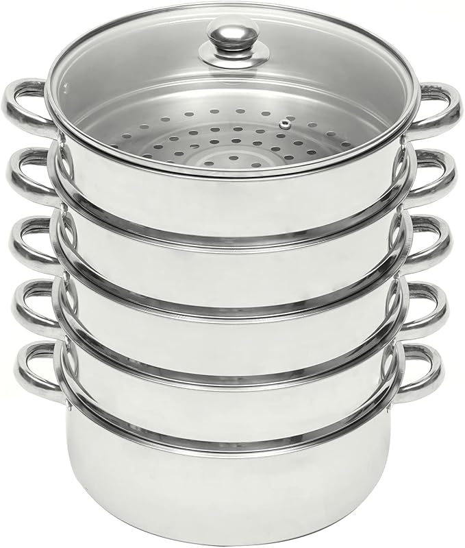 5 Tier Stainless Steel Steamer Cooker, 26cm Steam Pot Kitchen Food Cooking + Glass Lid Meat Vegetable Cooking Steam Pot Kitchen Cookware Food Steamer for Home Kitchen