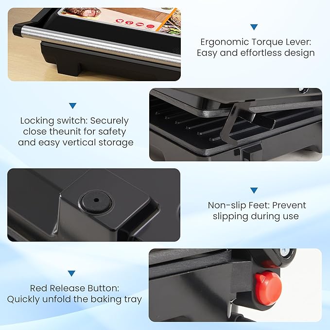 Panini Press Grill Indoor: Sandwich Maker with Nonstick Plates, Easy to Clean, 1000W Portable Panini Maker with Locking Lid, 3-in-1 Electric Grill Opens 180° for Cooking More