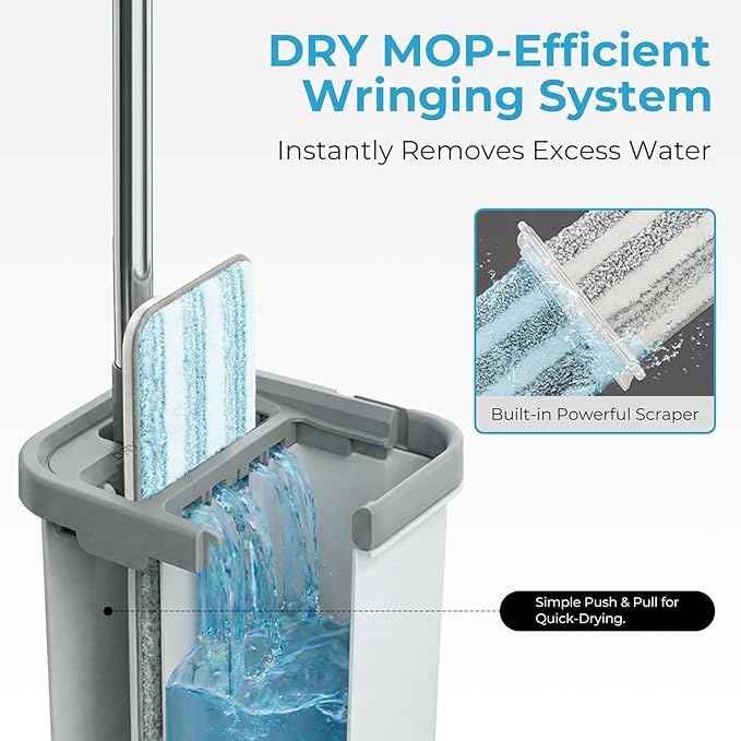 Mop and Bucket Set with Wringer, Flat Mops for Floor Cleaning, 4 Washable Microfiber Pads, Quick Cleaning Mop Safe on Wood Floors, Vinyl, Tile, Baseboards and Walls