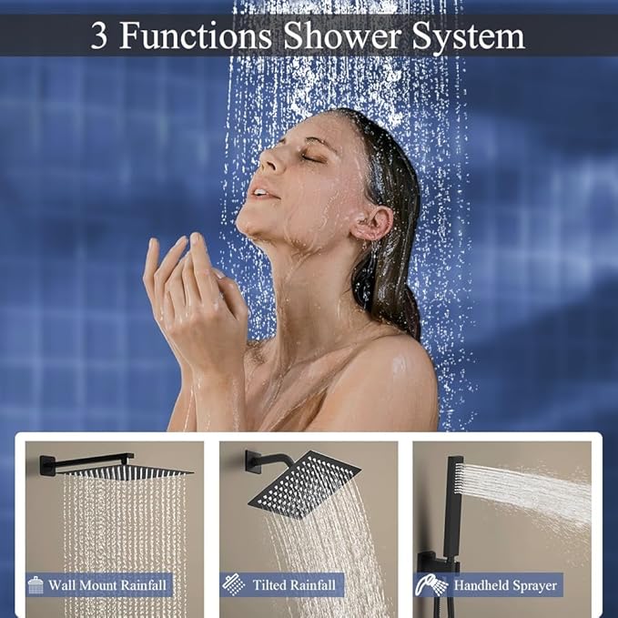 Shower Faucet Set Matte Black Shower System, Knob Switch Diverter Shower Faucet with High Pressure Handheld Spray, Wall Mount 10 Inch Shower Head with 6 Inch Wall Mount Shower Head