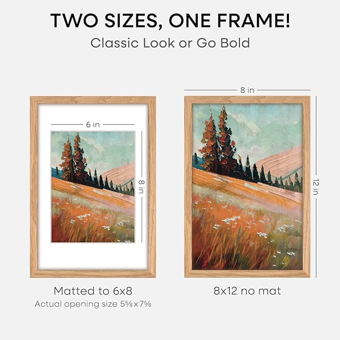 Homeforia 8x12 Picture Frame Wood, High End Natural Oak 8 x 12 Light Wooden Frames with Mat 6 by 8 inch Photo, 8by12 Frame Matted to 6x8 Art, Wall or Tabletop Frame, Tempered Glass, Wall Kit, Set of 2