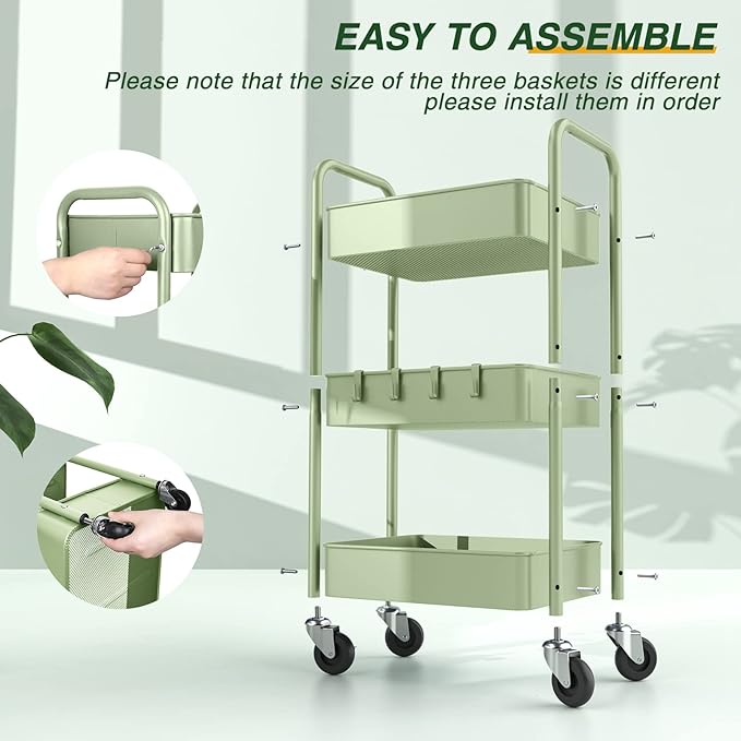 LEHOM 3 Tier Rolling Storage Cart, Metal Trolley Utility Cart with Wheels & Hooks, Easy Assembly Organizer Storage Cart for Bathroom Kitchen Office Bedroom