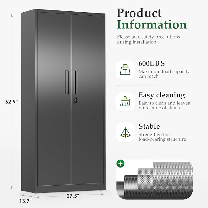 Crownland 63" Metal Storage Cabinet, Lockable Garage Storage Cabinets, High Office Cabinet with Adjustable Shelves for Garage, Home Office, Pantry, File(Black)