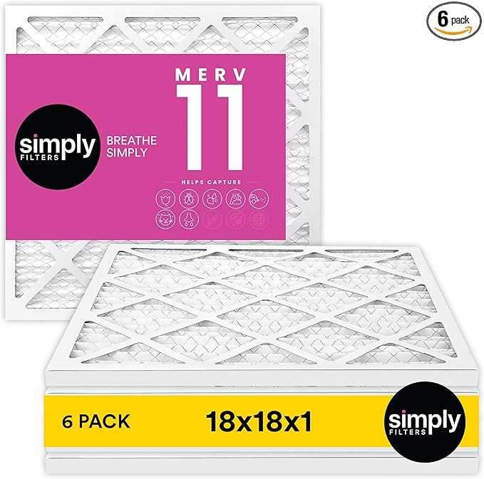 Simply 18x18x1 Air Filter, Merv 11, 6 Pack, For Home AC Furnace & HVAC (Actual Size: 17.75"x17.75"x0.75") DUST, Pet, & Allergy Control