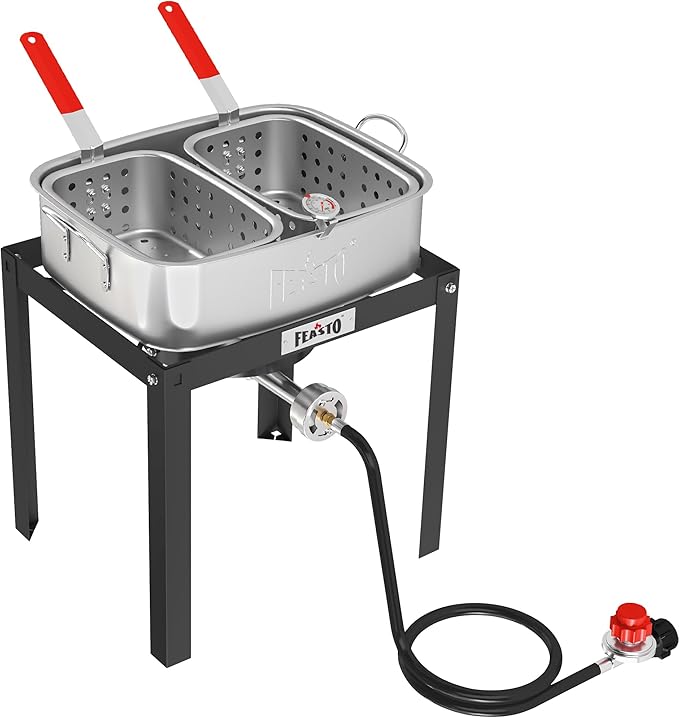 18 QT Fish Fryer with 2 Inner Baskets for Outdoor Cooking, Outdoor Aluminum Propane Deep Fryer Pot and Basket for Frying Fish, Chicken Wings, French Fries, and Seafood