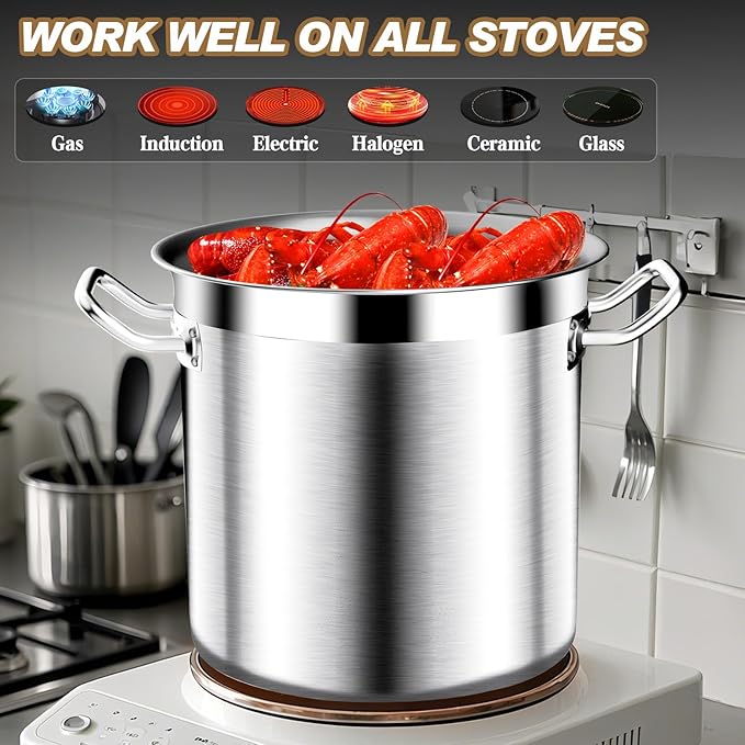 Large Stock Pot - Heavy Duty Tri-Ply Bottom Commercial Grade Soup Pot for Cooking Soup, Stew, Canning, Oven, Gas, Ceramic, Dishwasher Safe