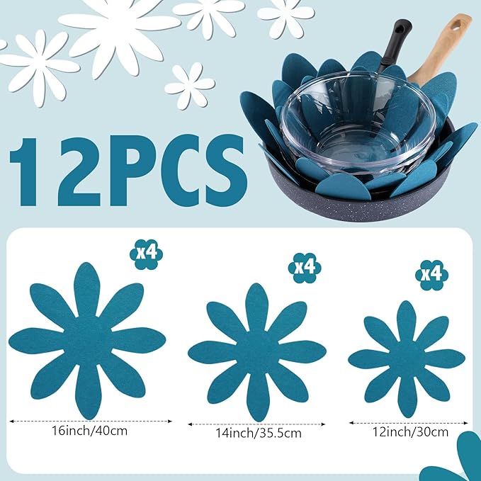 Queekay 12 Pcs Felt Pot and Pan Protectors 12/14/16 Inch Larger Thicker Pan Protector Pads, Colorful Pot Separators for Stacking Cookware Organizing Protecting(Navy Blue)