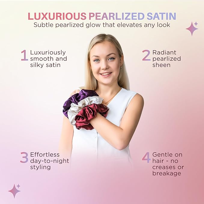 3-Pack Oversized Pearlized Satin Scrunchies for Women - Shimmer Large Scrunchies, Ivory, Purple, Burgundy