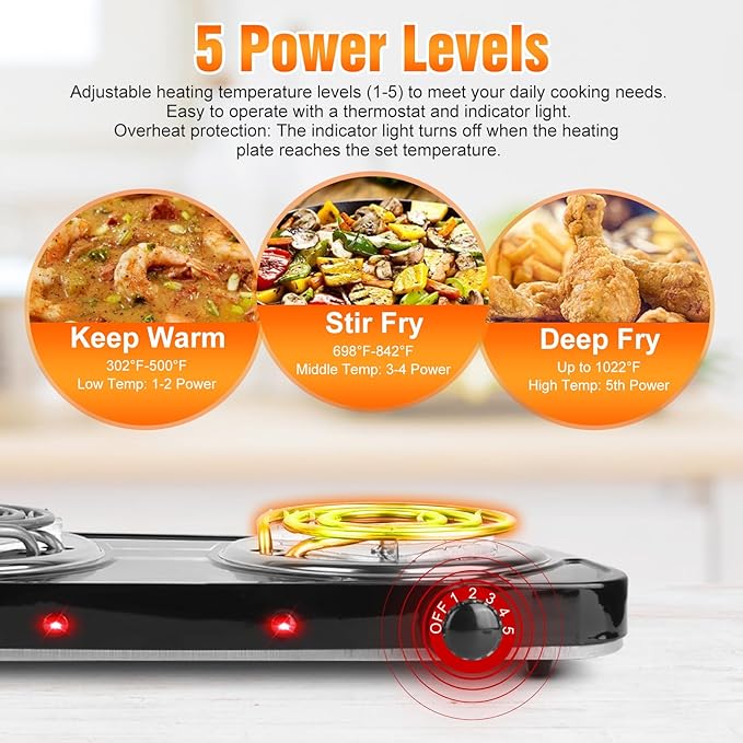 2000W Double Burner Cooktop, Portable Electric Stove, Coil Hot Plate Cooking Stove with 5 Temperature Adjustments, Countertop Burner Cooktop for Camping Home Dorm