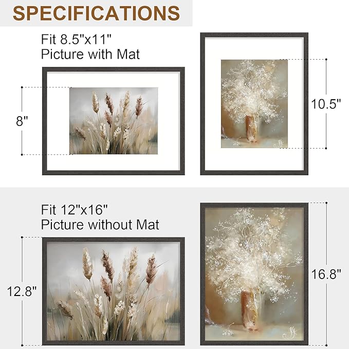Vittanly 12x16 Picture Frame Set of 2, Solid Wood Frame for Wall Art Photo and Prints, Display Photo 8.5x11 with Mat or 12x16 without Mat, Black