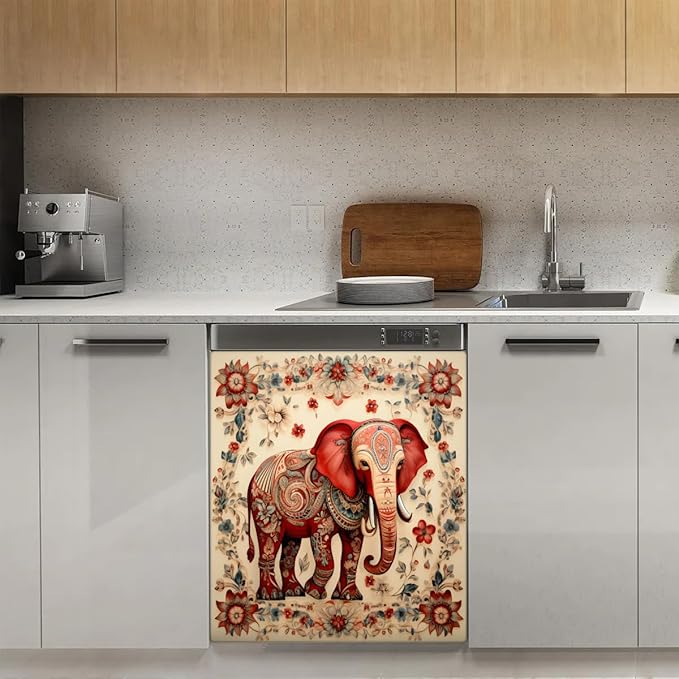 Elephant Flower Paisley Dishwasher Magnet Cover, Reusable Refrigerator Panel Stickers Microwave Front Door Covers Magnets for Kitchen Home Appliances Holiday Party Decorations 23 X 26 in