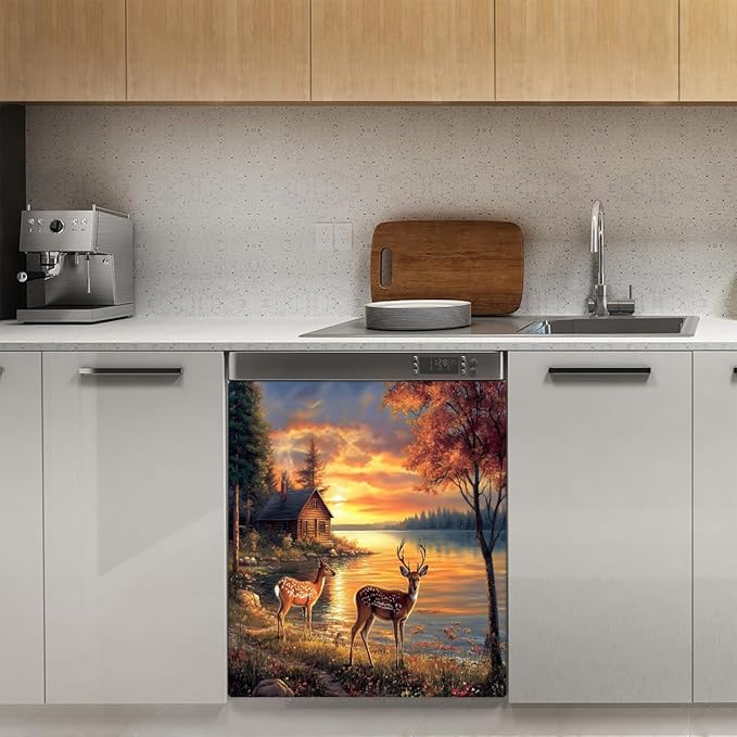 Sunset Deer Dishwasher Magnet Cover Animal Deer Front Dishwasher Cover Decoration Winter Reusable Magnetic Door Cover Forest Panel Decal Home Appliances Stickers Kitchen Refrigerator Fridge 23"x 26"