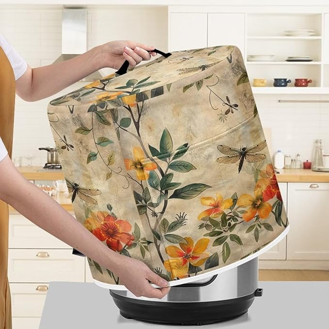 Dragonfly Yellow Flower Air Fryer Cover Dust Cover Compatible with Instant Pot Dust Protection Kitchen Appliance Cover Pockets Halloween Gifts for Kitchen Decor