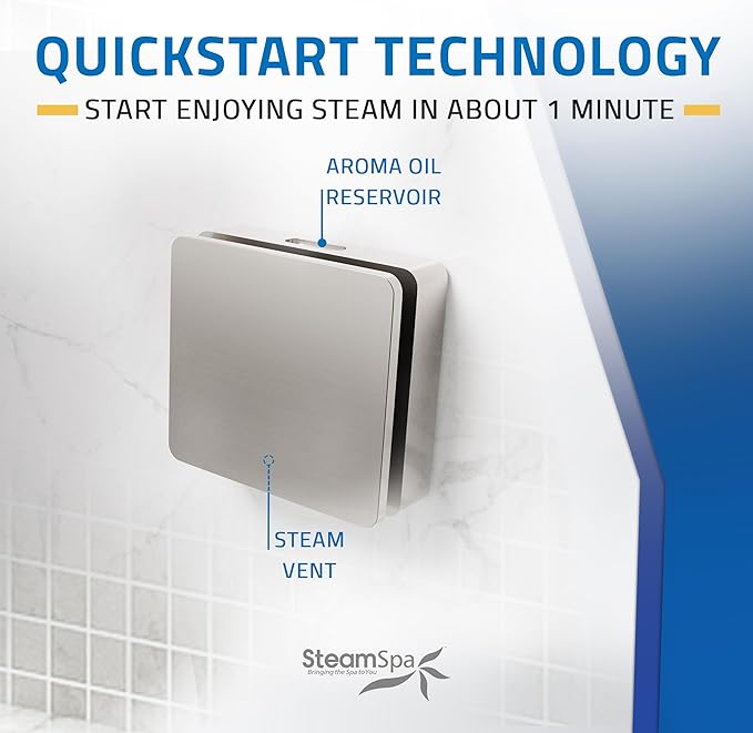 SteamSpa Steam System 7.5kW Steam Shower Generator with Bluetooth Wifi, Quickstart Continous Steam, Advanced Touch Pad Screen, Chroma Lights, Drain Pan and Auto Drain Brushed Nickel RVBS750BN-A