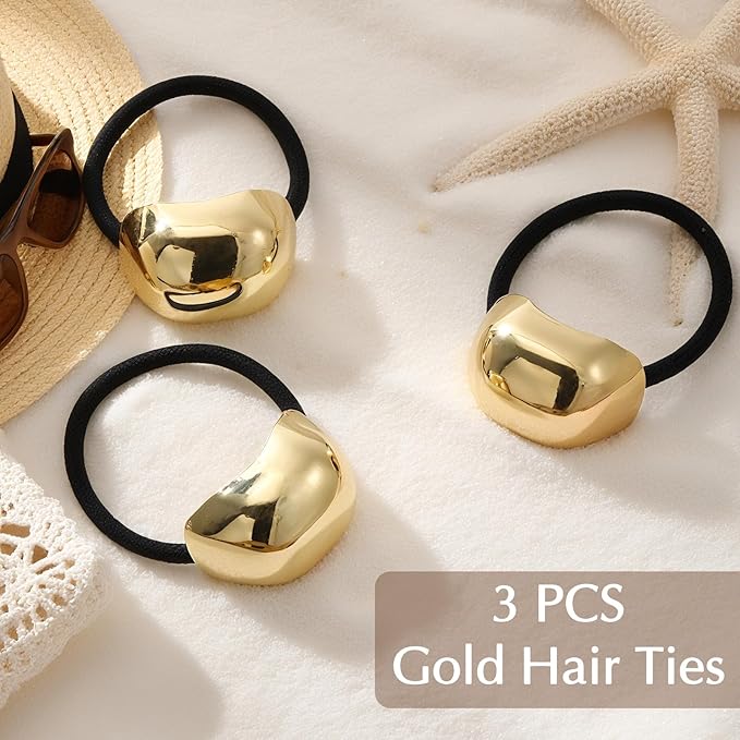 3PCS Gold Hair Ties, Metal Hair Ties for Thick Hair, Elegant Durable Geometric Design, Gold Hair Accessories for Women Stretchy and Non-Damage Ponytail Cuff Holders