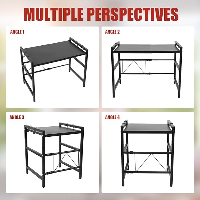Expandable Microwave Oven Rack, 2-Tier Adjustable Kitchen Countertop Shelf, Toaster Rack Heavy Duty Stand Organizer